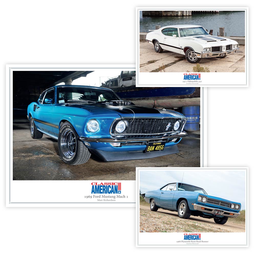 American Car 3 x A4 Print Pack: 1971 Oldsmobile 444 + 1968 Plymouth Hemi Road Runner + 1969 Ford Mustang Mach 1
